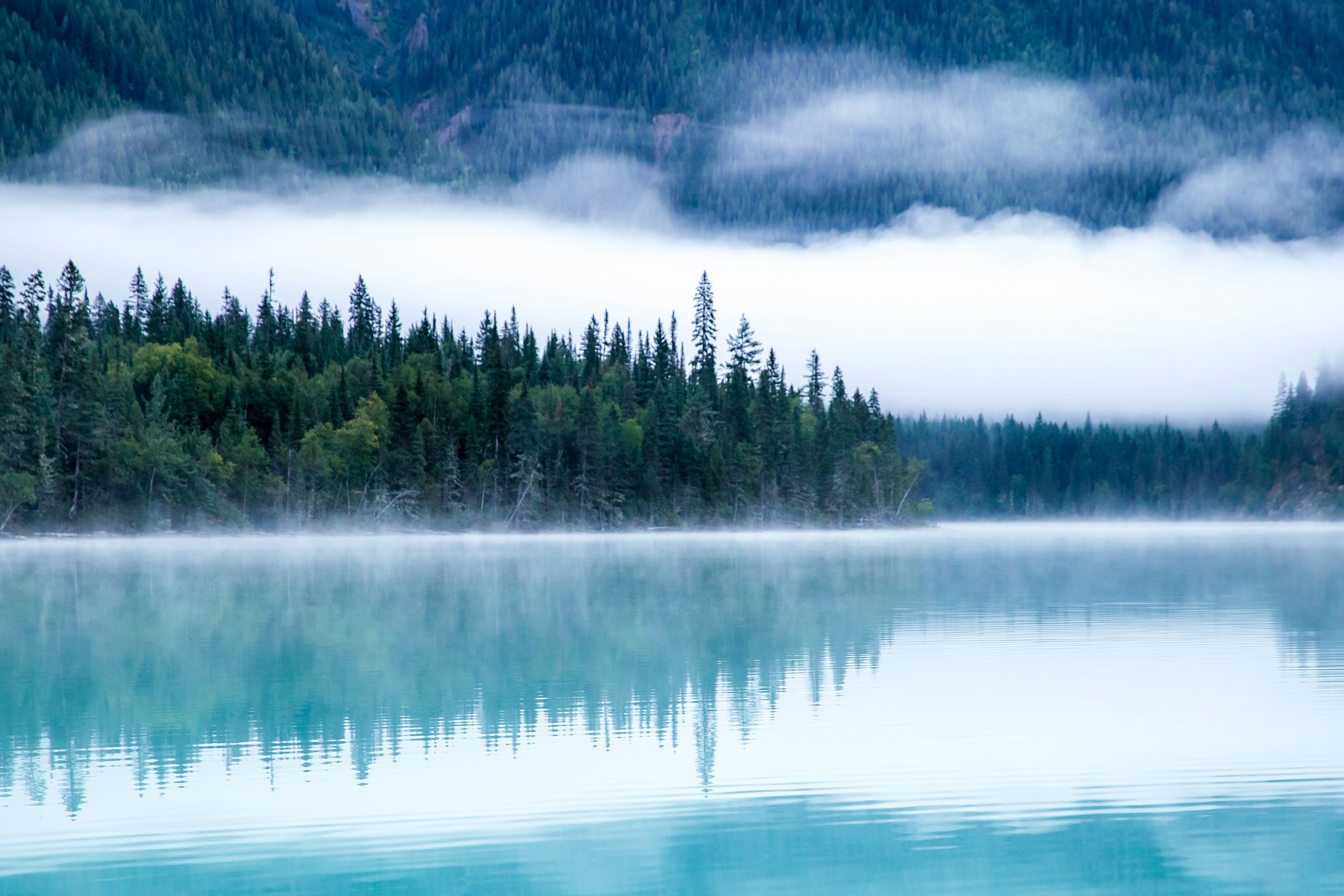 A still lake beneath a forested mountain, with mist moving across the water.